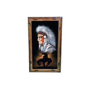 Vintage 70s Chief Painting Black Velvet Native American Mexico Painting